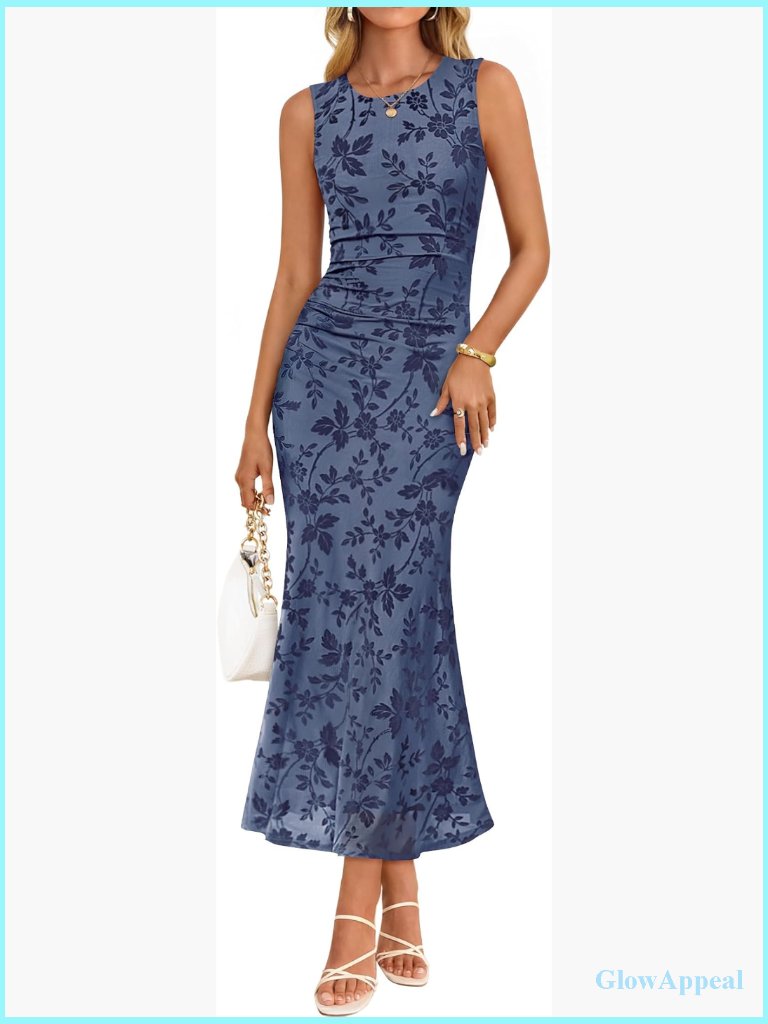Sleeveless Floral Mermaid Bodycon Maxi Dress Ruched Mesh Cocktail